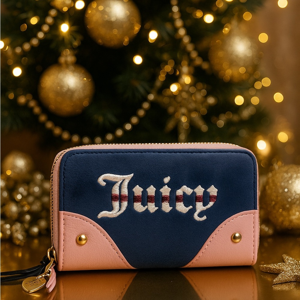 JUICY COUTURE Retro Vibe Double Zip Around Wallet – Regal Blue/Dusty Blush (NWT)